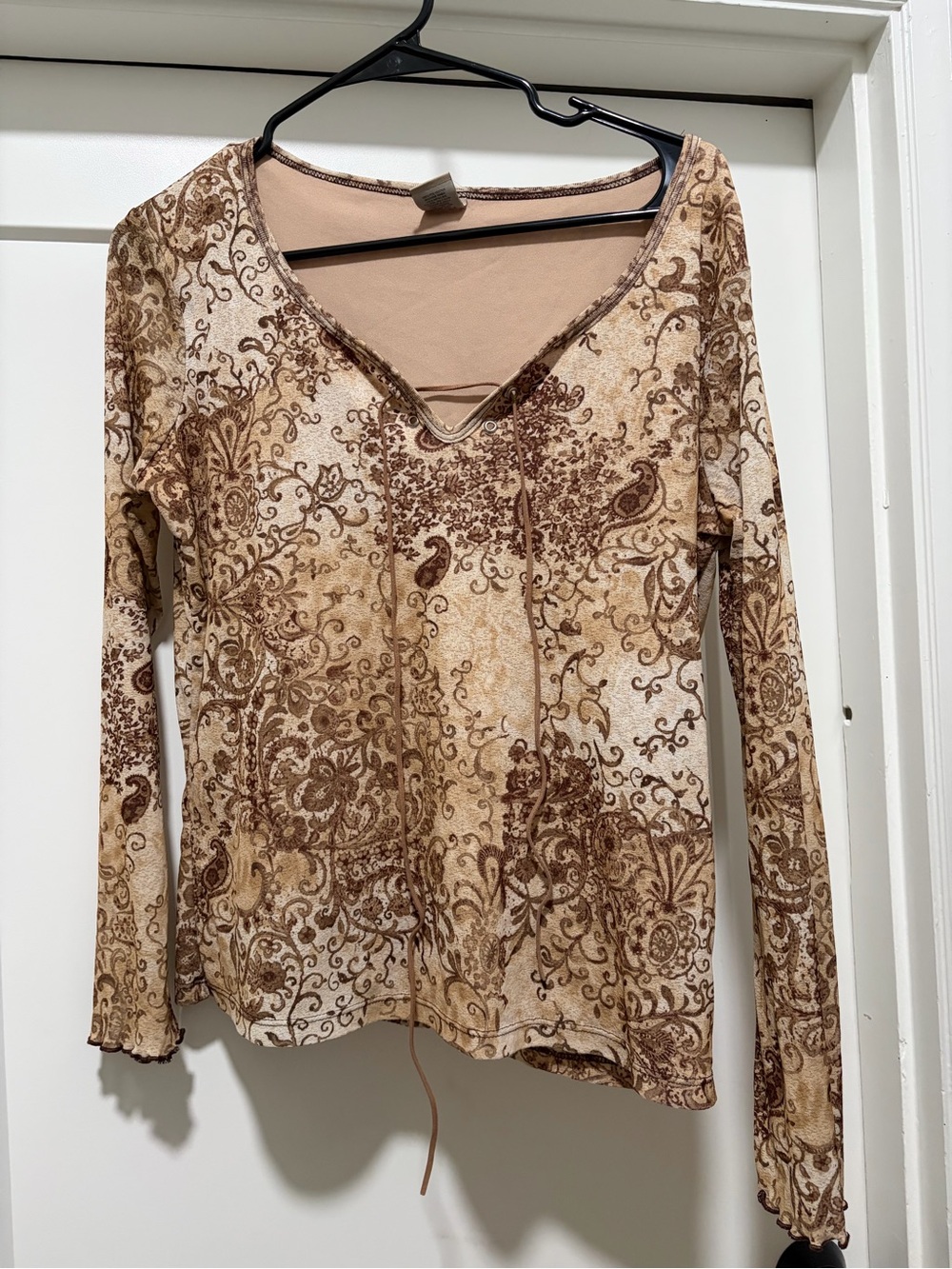High Sierra Beige and Brown Paisley Lace-Up Long Sleeve Top